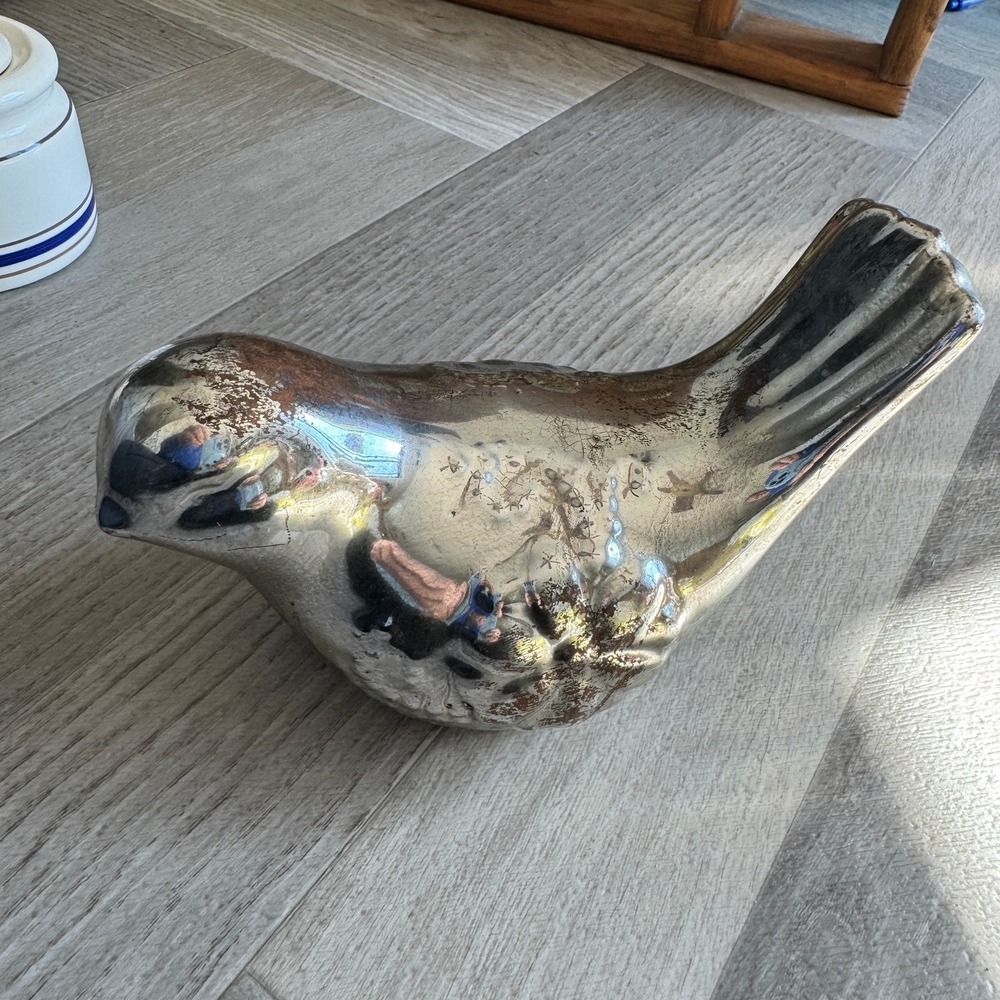 Vintage Style Distressed Silver Mercury Glass Ceramic Bird Figurine Decor Rustic